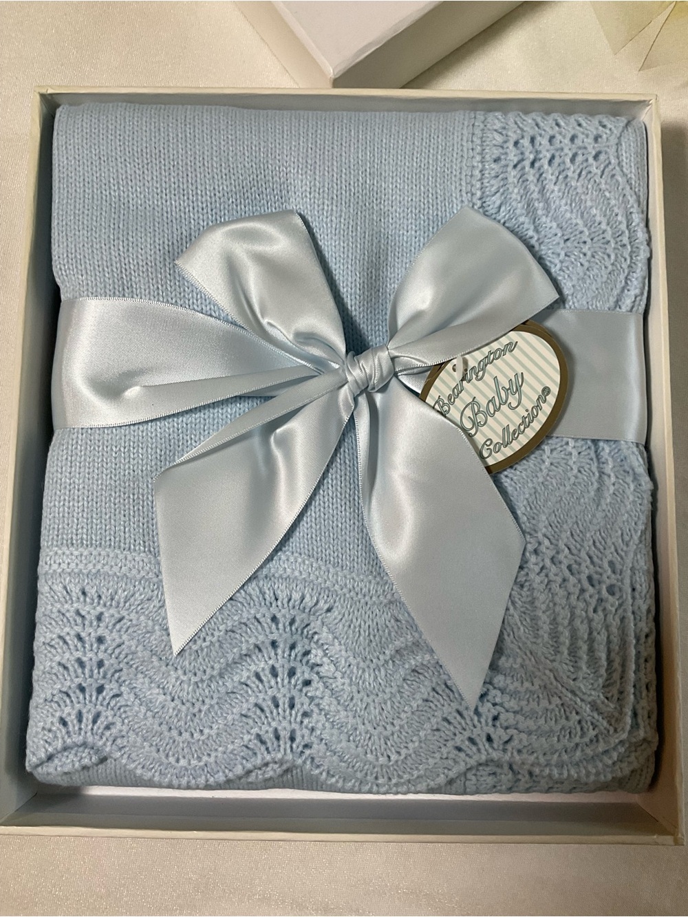 Baby Collection Light Blue Knit Baby Blanket with Satin Bow Vintage